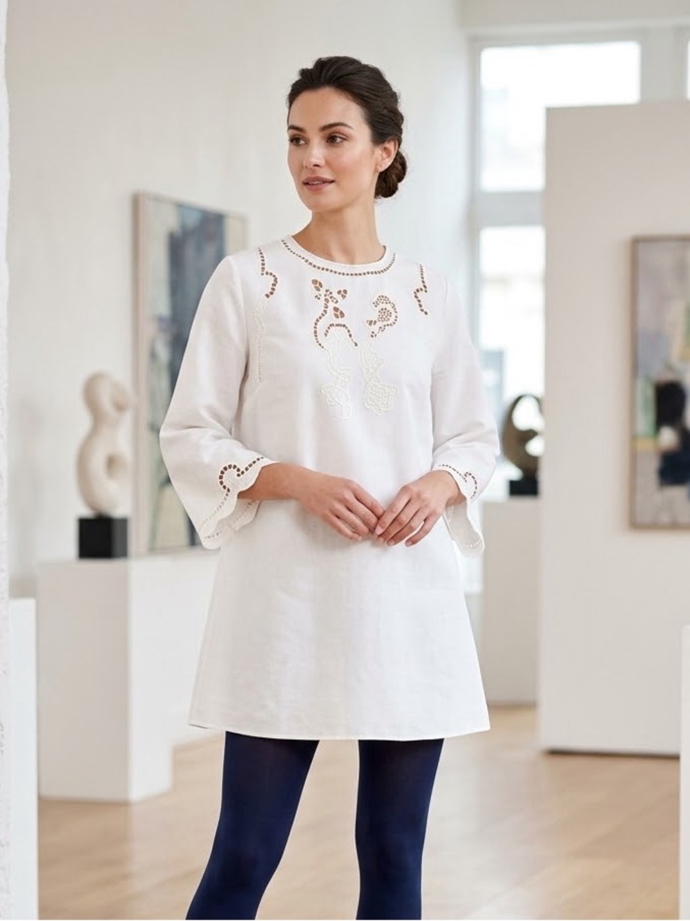 H & M Women’s White Embroidered Linen Blend Tunic Top / Dress